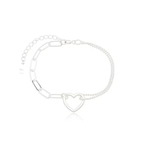 Pulseira Elos, Coração E Fio Duplo Prata 925
