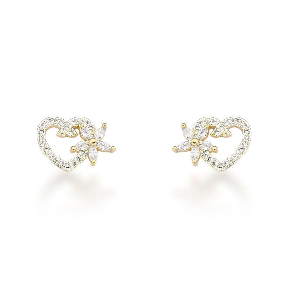 Brinco Coração Cravejado Com Flor Banhado A Ouro 18k