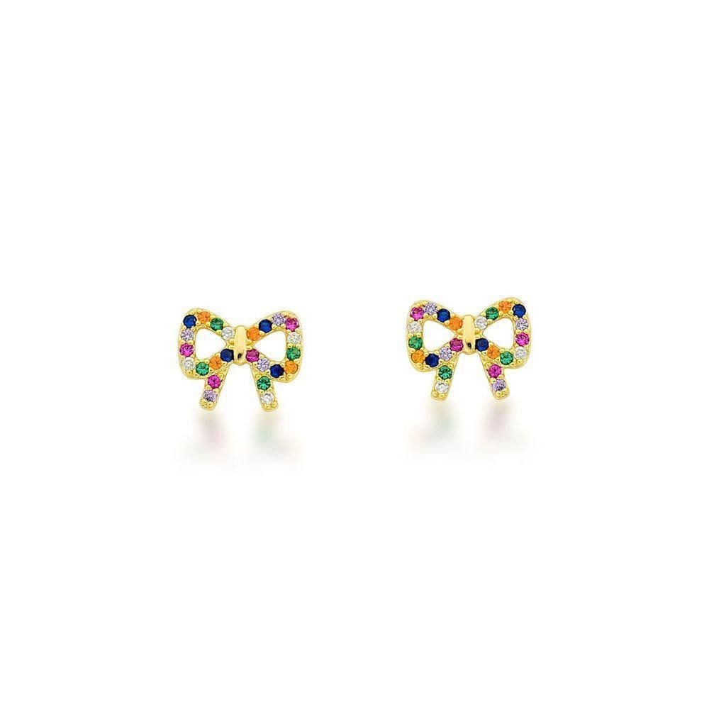 Brinco Laço Colorido Banhado A Ouro 18k