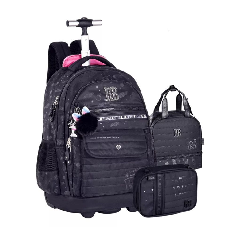 Kit Mochila de Rodinhas Escolar Rebecca Bonbon Lancheira e Estojo Preto