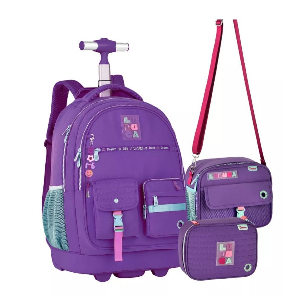 Kit Mochila Luluca Rodinha Carrinho Lancheira Estojo Roxo