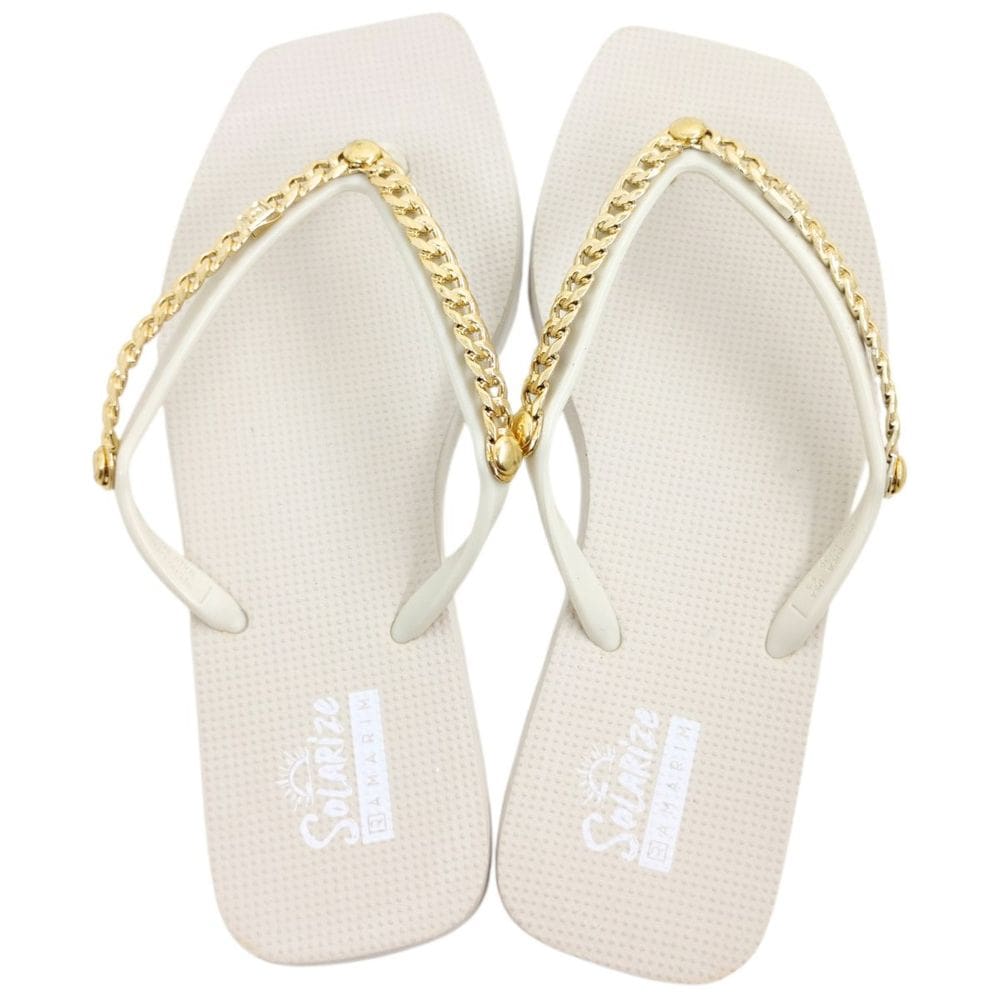 Chinelo de Dedo Feminino Casual Dia a Dia Passeio Praia Bico Quadrado com Aplique de Corrente Ramarim Solarize 1251