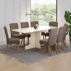 Mesa de Jantar 8 Lugares Mavi Malu com Vidro Natural/Off White/Amêndoa - Henn