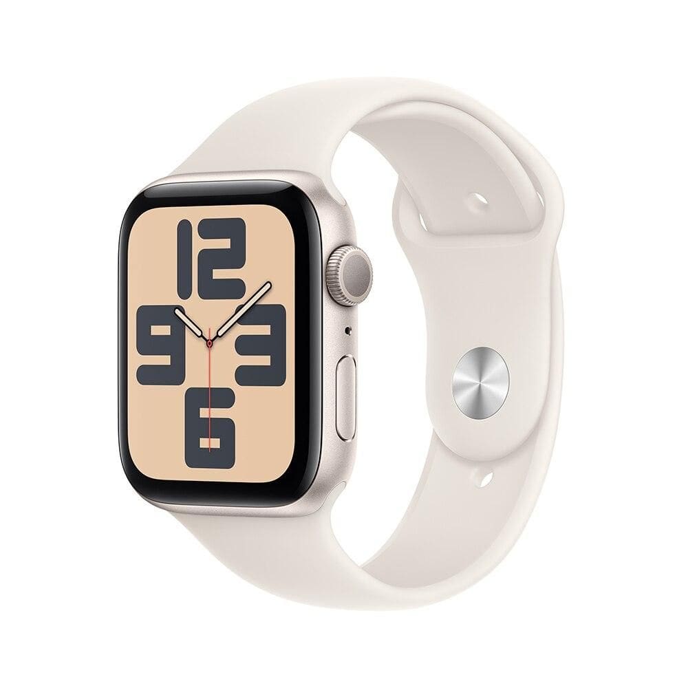 Apple Watch SE GPS • Caixa estelar de alumínio – 44 mm • Pulseira esportiva estelar – M/G