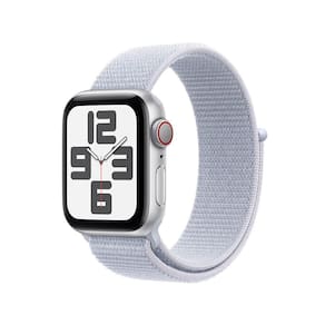 Apple Watch SE GPS + Cellular • Caixa prateada de alumínio – 40 mm • Pulseira loop esportiva nuvem azul