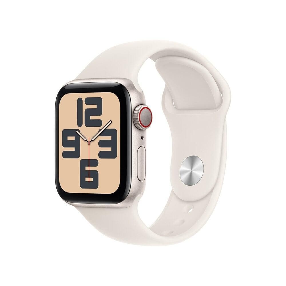 Apple Watch SE GPS + Cellular • Caixa estelar de alumínio – 40 mm • Pulseira esportiva estelar – P/M