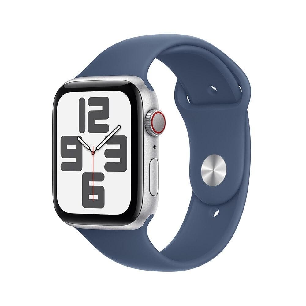 Apple Watch SE GPS + Cellular • Caixa prateada de alumínio – 44 mm • Pulseira esportiva denim – P/M