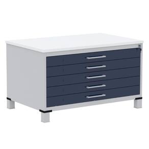 Mapoteca 5 Gavetas Pandin 120 cm (Larg) Inmetro Tampo MDP Branco Estrutura Aço Cinza Gavetas Azul