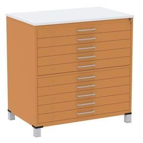 Mapoteca 10 Gavetas Pandin 120 cm (Larg) Inmetro Tampo MDP Branco Estrutura e Gavetas em Aço Laranja
