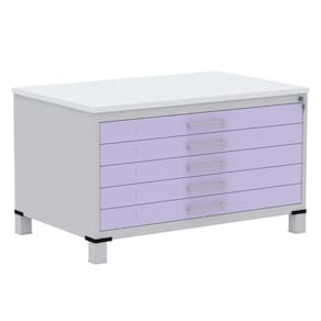 Mapoteca 5 Gavetas Pandin 120 cm (Larg) Inmetro Tampo MDP Branco Estrutura Aço Cinza Gavetas Lilás