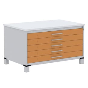Mapoteca 5 Gavetas Pandin 120 cm (Larg) Inmetro Tampo MDP Branco Estrutura Aço Cinza Gaveta Laranja
