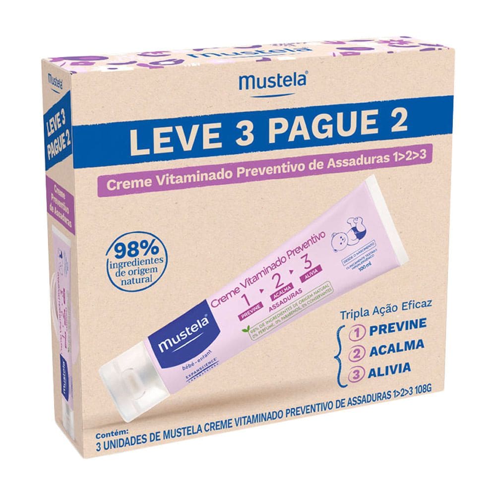 Kit Mustela Creme Vitaminado Preventivo de Assaduras 1 2 3 Leve 3 Pague 2