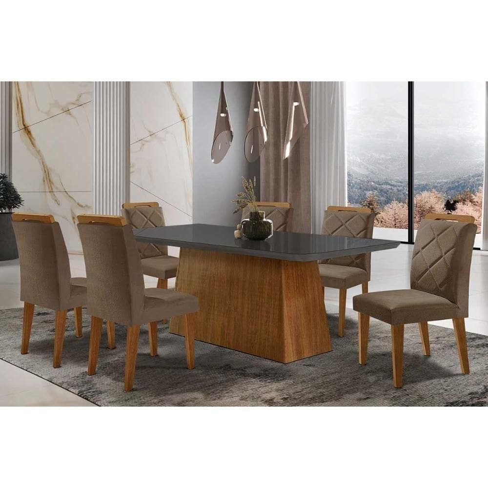 Sala De Jantar Completa Luna Tampo Madeirado C- Vidro Curvo 180x90 E 6 Cadeiras Melissa Imbuia - Veludo Capuccino - Rufato