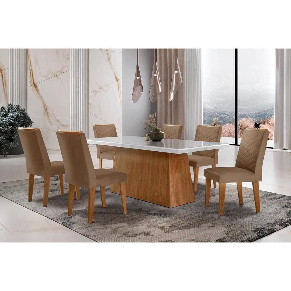 Sala De Jantar Completa Luna C- Tampo Vidro Canto Curvo 180x90cm E 6 Cadeiras Londrina Imbuia-off White - Suede Capuccino - Rufato