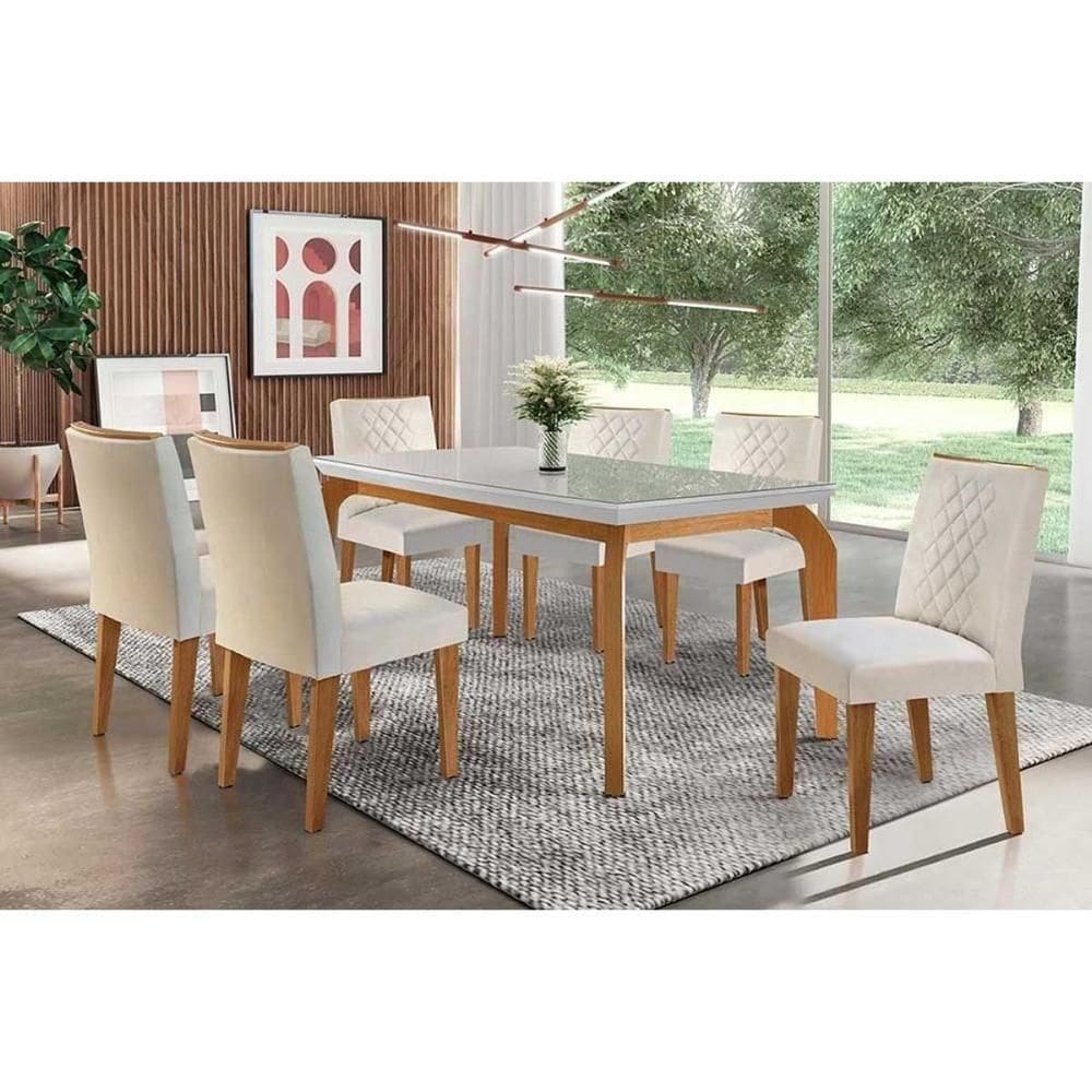 Sala De Jantar Completa Londrina C- Tampo Madeirado Vidro Canto Curvo 180x90cm E 6 Cadeiras Jade Imbuia-off White - Veludo Creme - Rufato
