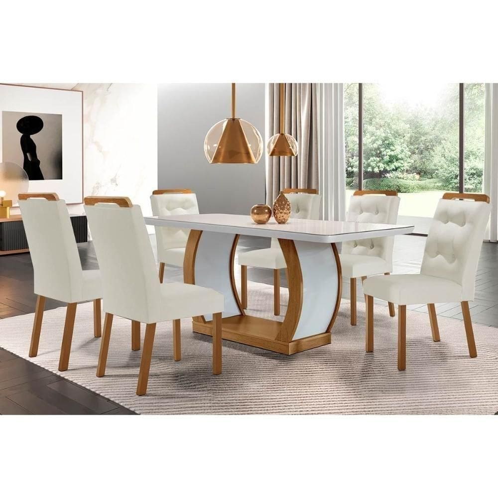 Sala De Jantar Completa Jade Tampo Madeirado C- Vidro Canto Curvo 180x90 E 6 Cadeiras Imperatriz Imbuia-off White - Suede Creme - Rufato