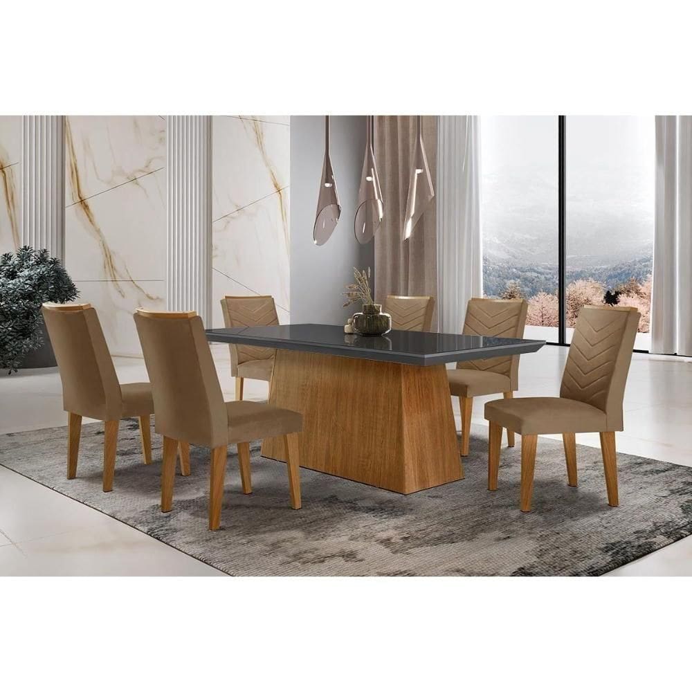 Sala De Jantar Completa Luna C- Tampo Vidro Canto Curvo 180x90cm E 6 Cadeiras Londrina Imbuia-grafite - Suede Capuccino - Rufato