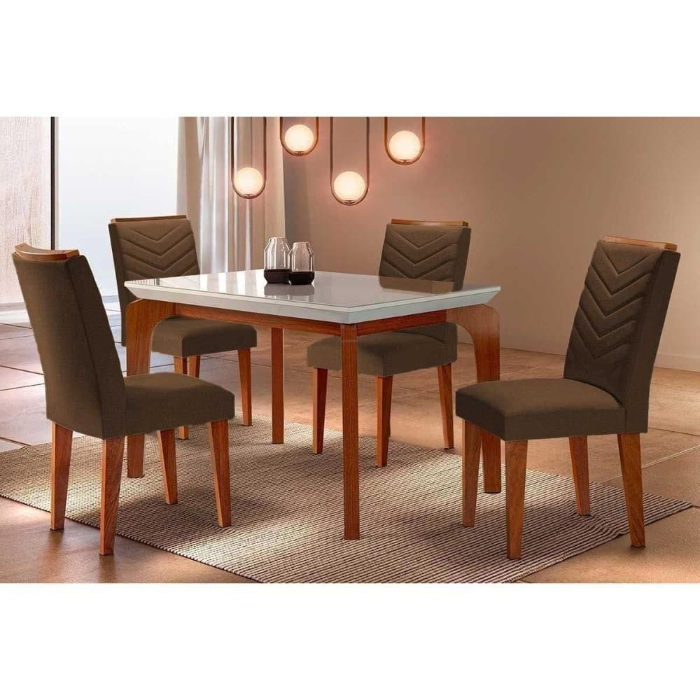 Sala De Jantar Completa Londrina Tampo Madeirado C- Vidro Curvo 120x80 E 4 Cadeiras Londrina Imbuia-off White - Veludo Marrom - Rufato
