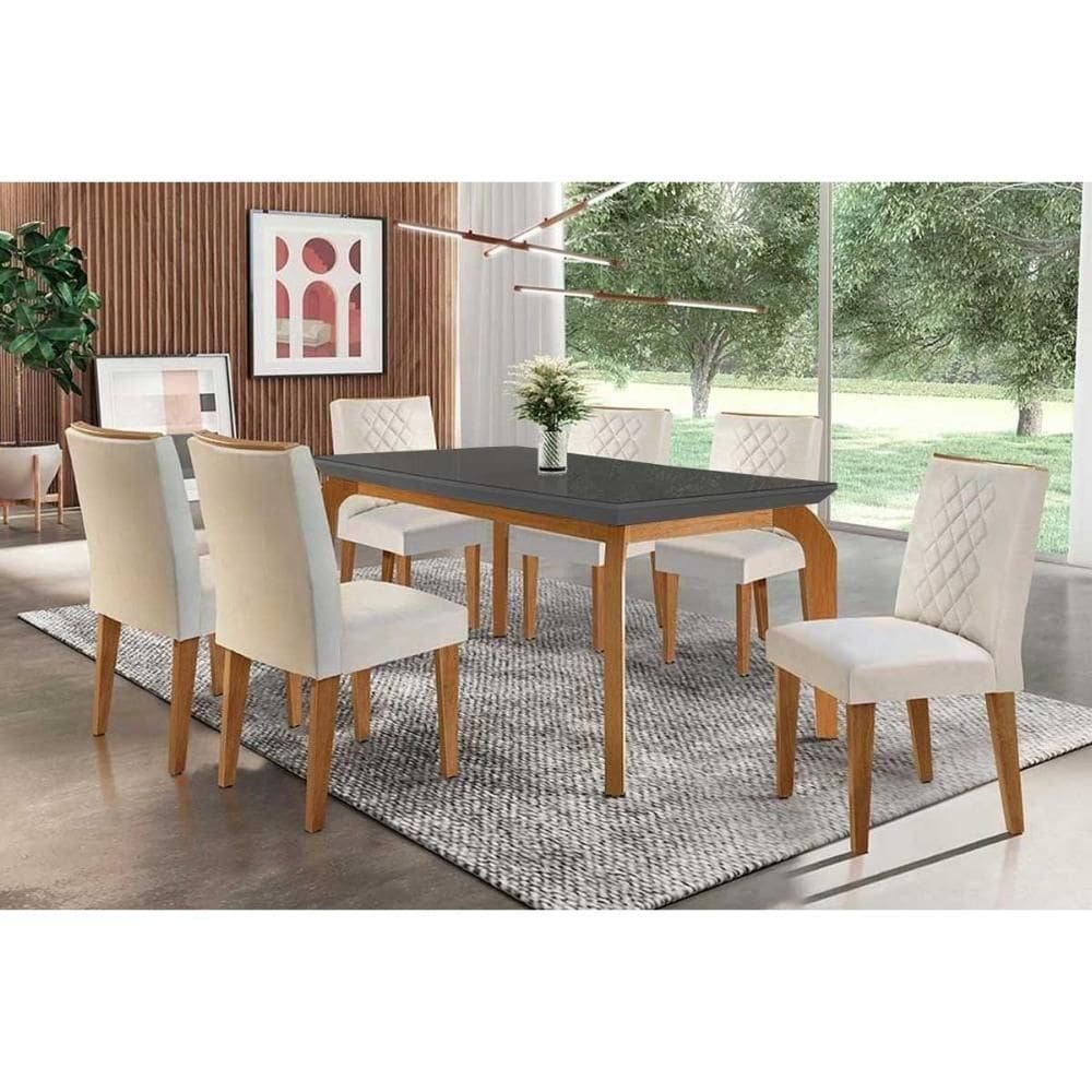 Sala De Jantar Completa Londrina C- Tampo Madeirado Vidro Canto Curvo 180x90cm E 6 Cadeiras Jade Imbuia-grafite - Veludo Creme - Rufato