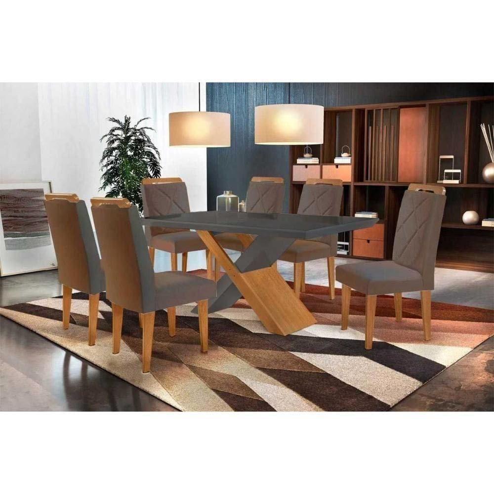 Sala De Jantar Completa Imperatriz Tampo Madeirado C- Vidro Curvo 180x90 E 6 Cadeiras Melissa Imbuia - Veludo Capuccino - Rufato