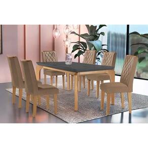 Mesa De Sala Jantar Londrina C- Tampo Madeirado Vidro Canto Curvo 180x90cm E 6 Cadeiras Jade Imbuia-grafite - Suede Capuccino - Rufato