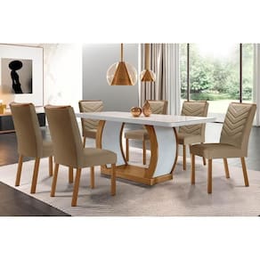 Sala De Jantar Completa Jade Tampo Madeirado C- Vidro Canto Curvo 180x90 E 6 Cadeiras Londrina Imbuia-off White - Suede Capuccino - Rufato