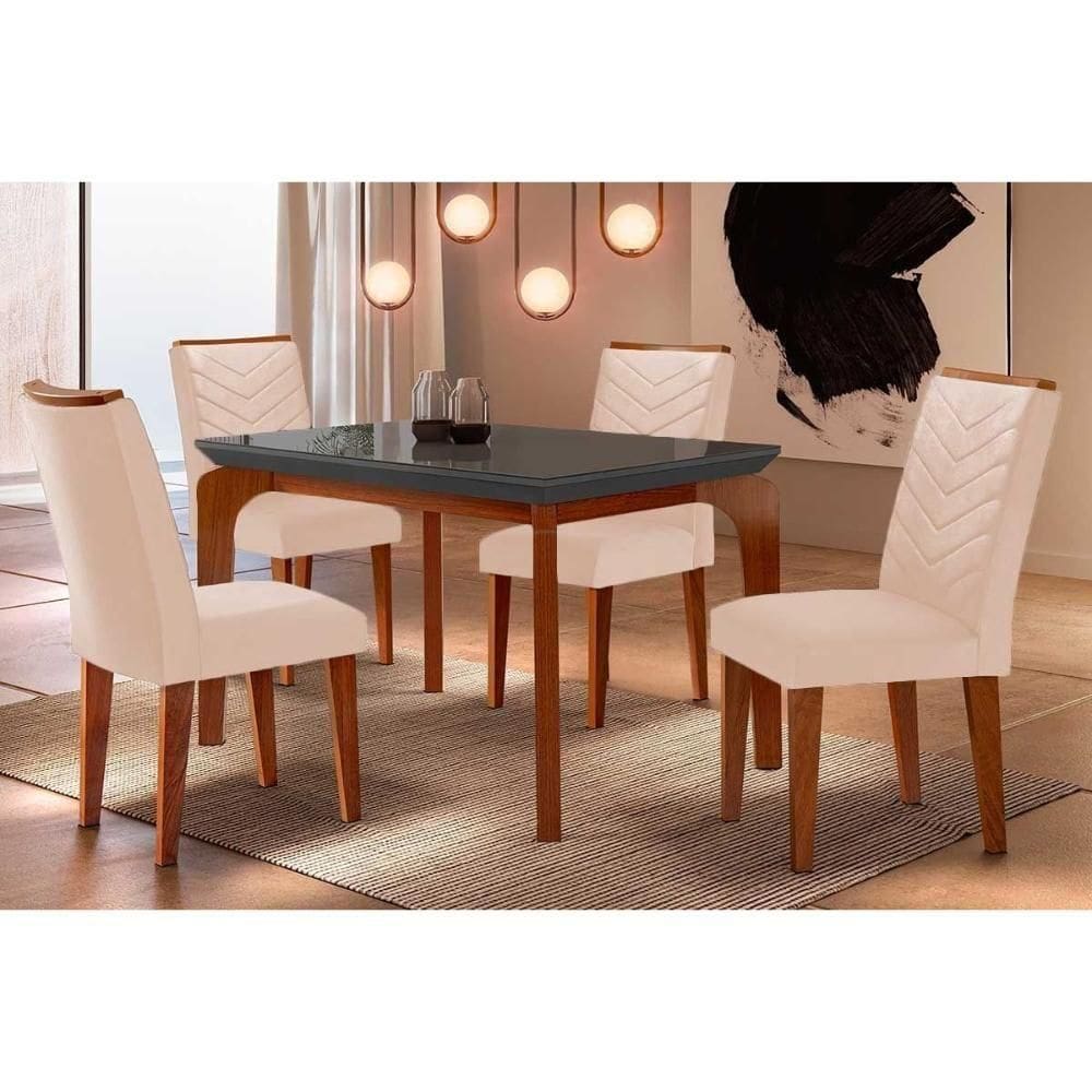 Sala De Jantar Completa Londrina C- Tampo Madeirado Vidro Canto Reto 120x80cm E 4 Cadeiras Londrina Imbuia-grafite - Veludo Creme - Rufato