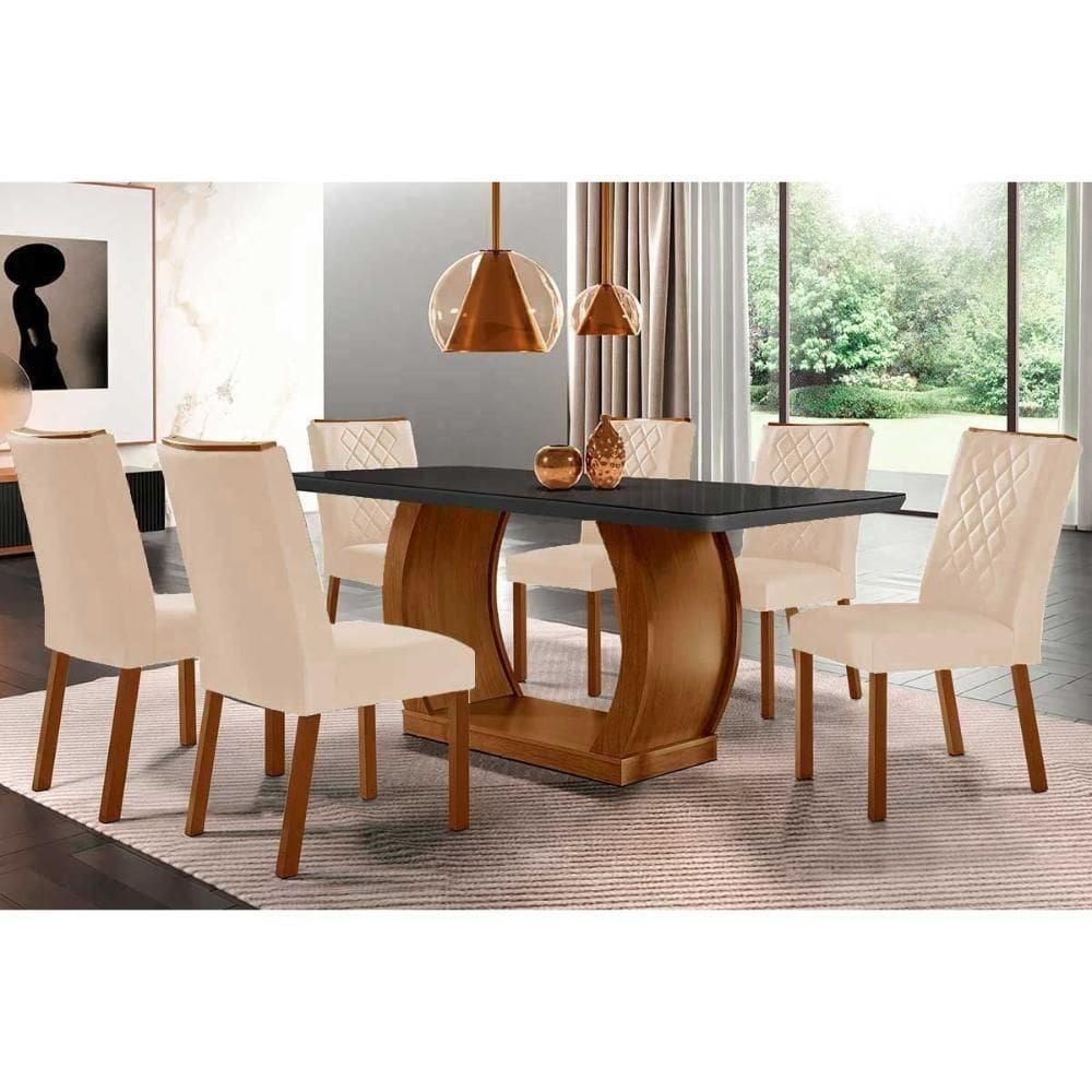Sala De Jantar Completa Jade C- Tampo Madeirado C- Vidro Canto Curvo 180x90cm E 6 Cadeiras Jade Imbuia-grafite - Suede Creme - Rufato
