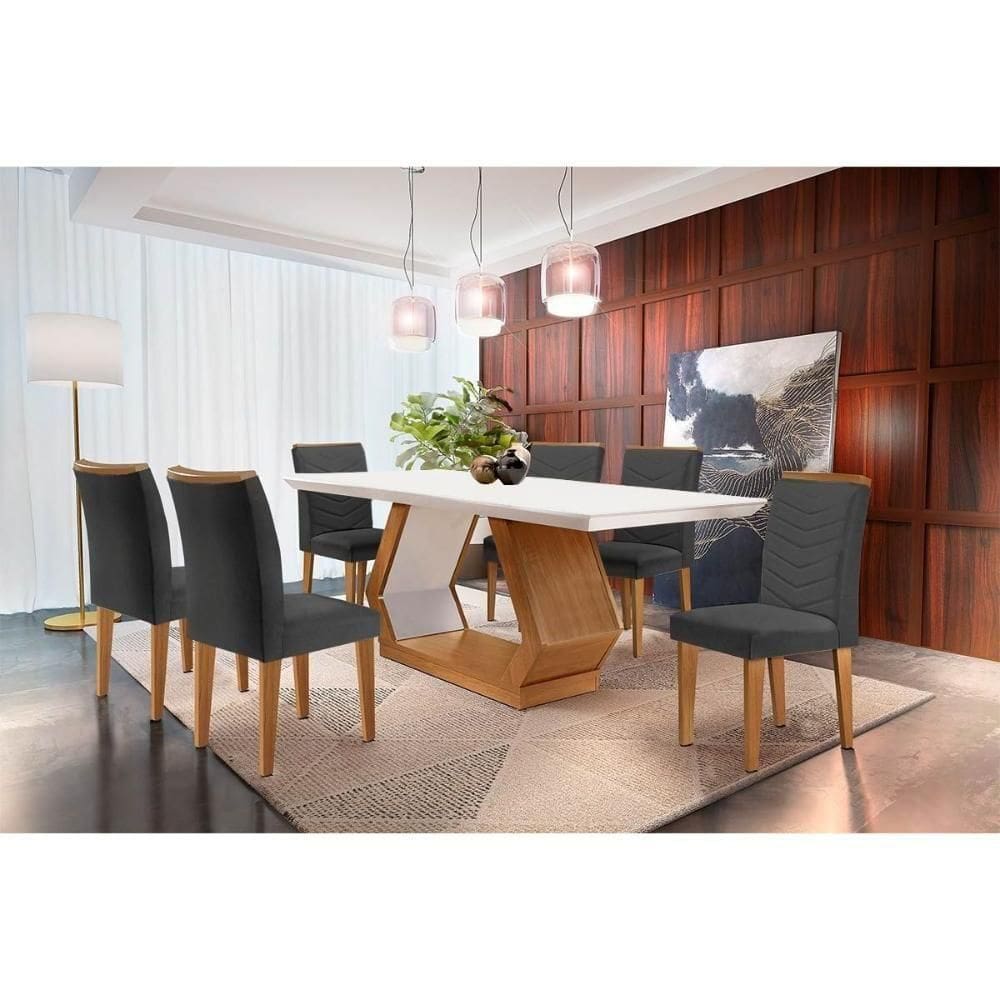 Sala De Jantar Completa Alvorada C- Tampo Madeirado Canto Reto 180x90cm E 6 Cadeiras Londrina Imbuia-off White - Suede Grafite - Rufato