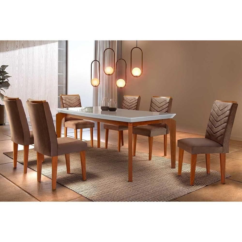 Sala De Jantar Completa Londrina C- Tampo Madeirado Canto Reto 180x90cm E 6 Cadeiras Londrina Imbuia - Veludo Capuccino - Rufato