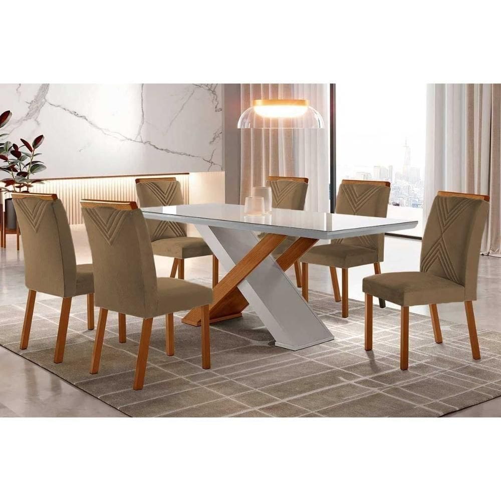Sala De Jantar Completa Imperatriz Tampo Madeirado C- Vidro Reto 180x90 E 6 Cadeiras Amsterdã Imbuia-off White - Veludo Capuccino - Rufato