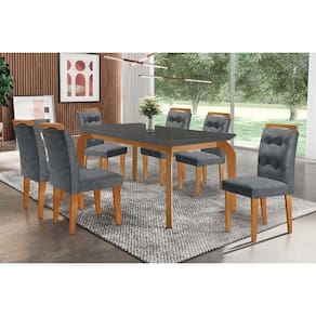 Sala De Jantar Completa Londrina C- Tampo Madeirado Vidro Canto Curvo 180x90cm E 6 Cadeiras Imperatriz Imbuia-grafite - Suede Grafite - Rufato