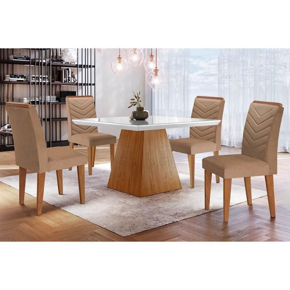Sala De Jantar Completa Luna C- Tampo Madeirado Vidro Canto Curvo 90x90cm E 4 Cadeiras Londrina Imbuia-off White - Suede Capuccino - Rufato