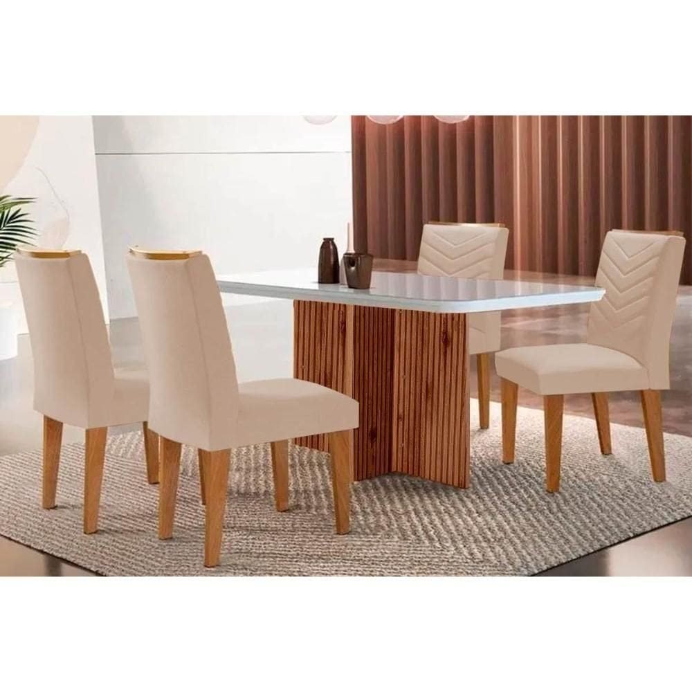 Sala De Jantar Completa Berlim C- Tampo Madeirado Vidro Canto Curvo 120x80cm E 4 Cadeiras Londrina Imbuia-off White - Suede Creme - Rufato