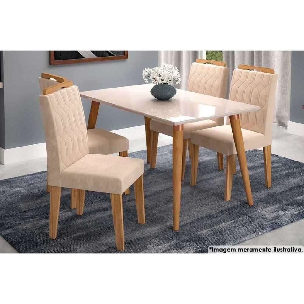 Sala De Jantar Completa Adele Madeira Maciça Tampo Madeirado C- Vidro 130x80cm E 4 Cadeiras Paola Nature-madeirado-suede Nude Bege - Cimol