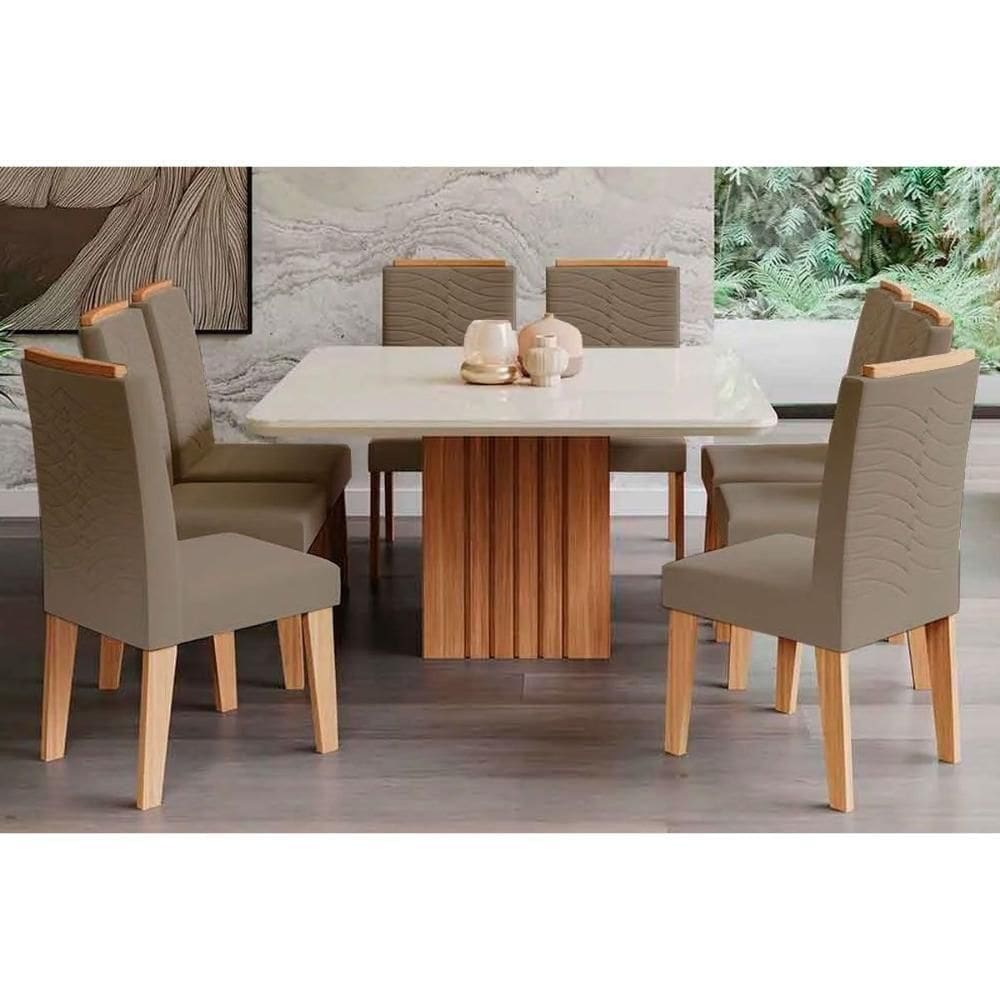 Sala De Jantar Completa Ana C- Tampo Madeirado C- Vidro 130x130cm E 8 Cadeiras Clarice Nature-suede Joli Chocolate - Cimol