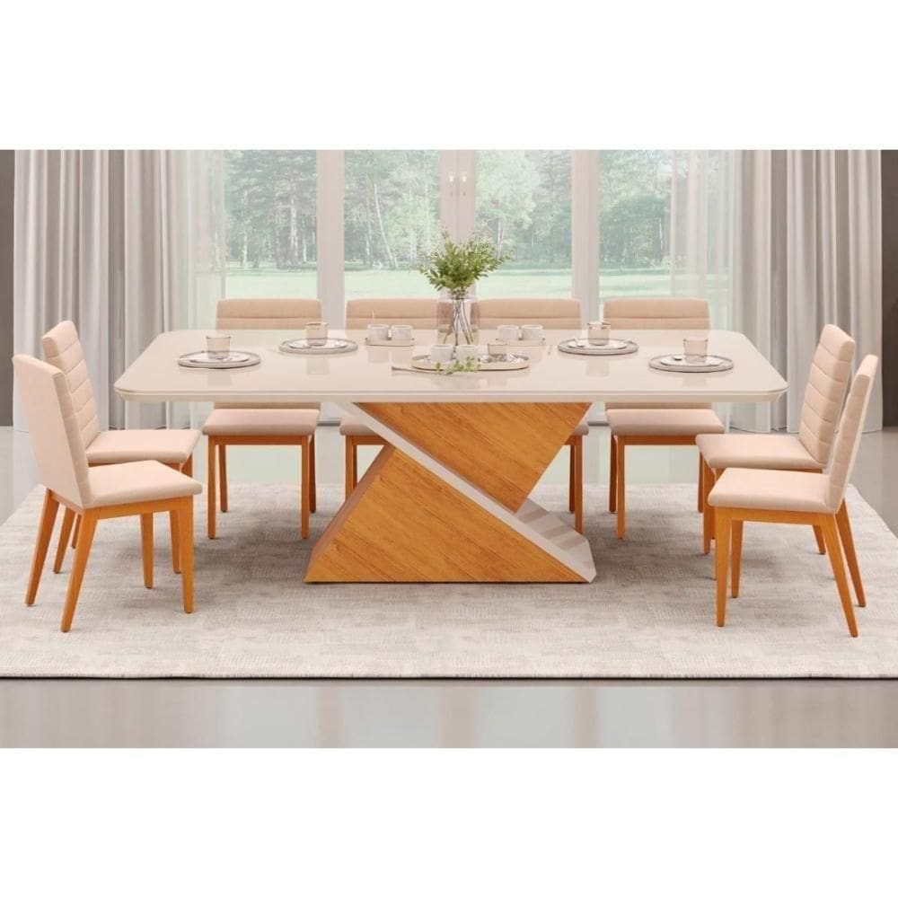 Sala De Jantar Completa Zafira Tampo Madeirado C- Vidro Curvo 200x100cm E 8 Cadeiras Sofia Cedro-off White - Ipe-suede Creme - Dj Móveis