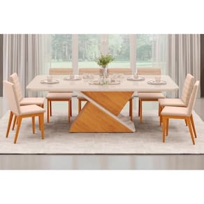Sala De Jantar Completa Zafira Tampo Madeirado C- Vidro Curvo 200x100cm E 8 Cadeiras Sofia Cedro-off White - Ipe-suede Creme - Dj Móveis