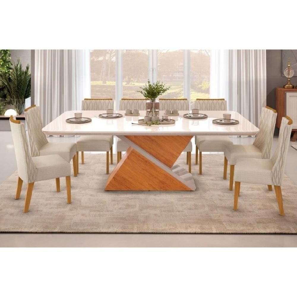Sala De Jantar Completa Zafira Tampo Madeirado C- Vidro Curvo 200x100cm E 8 Cadeiras Jade Cedro-off White - Linho Neve - Dj Móveis