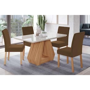 Sala De Jantar Completa ágata C- Tampo Madeirado C- Vidro 130x80cm E 4 Cadeiras Maia Nature-suede Mascavo Chocolate - Cimol