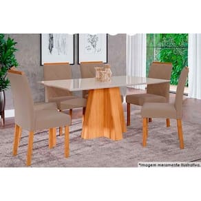 Sala De Jantar Completa Patricia C- Tampo Madeirado C- Vidro Canto Reto 160x80cm E 6 Cadeiras Fernanda Madeirado-suede Joli Capuccino - Cimol