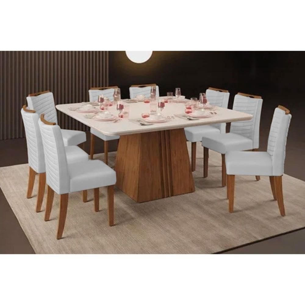 Sala De Jantar Completa Itália Tampo Madeirado C- Vidro Curvo 136x136cm E 8 Cadeiras Julia Freijo-off White - Linho Neve - Dj Móveis