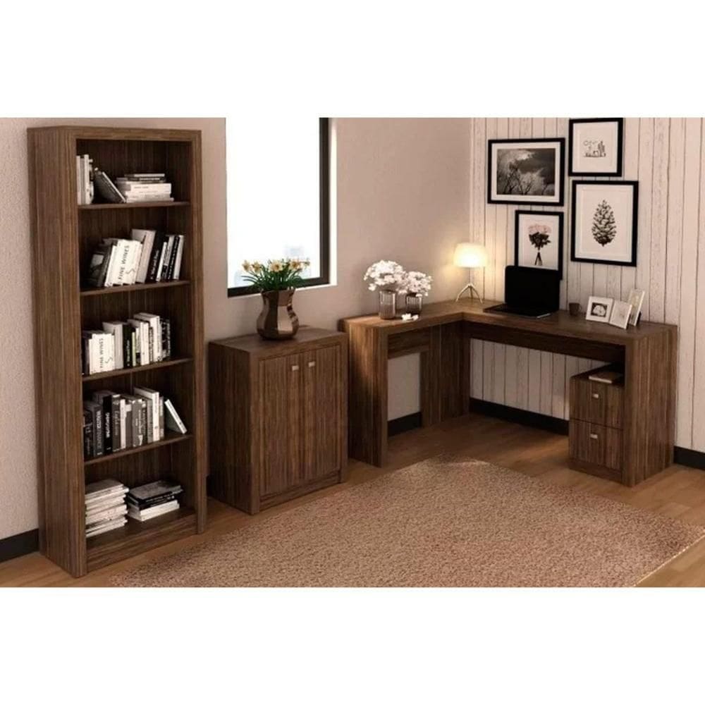 Escritório Completo 1 Mesa De Canto Para Escritório Me4129 + 1 Balcão Me4103 + 1 Estante Me4104 3 Peças Nogal