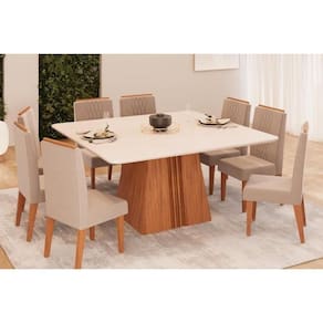 Sala De Jantar Completa Itália Tampo Madeirado C- Vidro Curvo 136x136cm E 8 Cadeiras Lia Freijo-off White - Suede Kraft - Dj Móveis