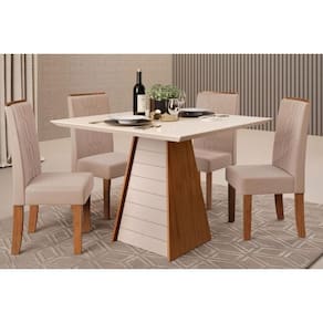 Sala De Jantar Completa Fler Tampo Madeirado C- Vidro 90x90cm E 4 Cadeiras Zoe Freijo-off White - Suede Creme - Dj Móveis