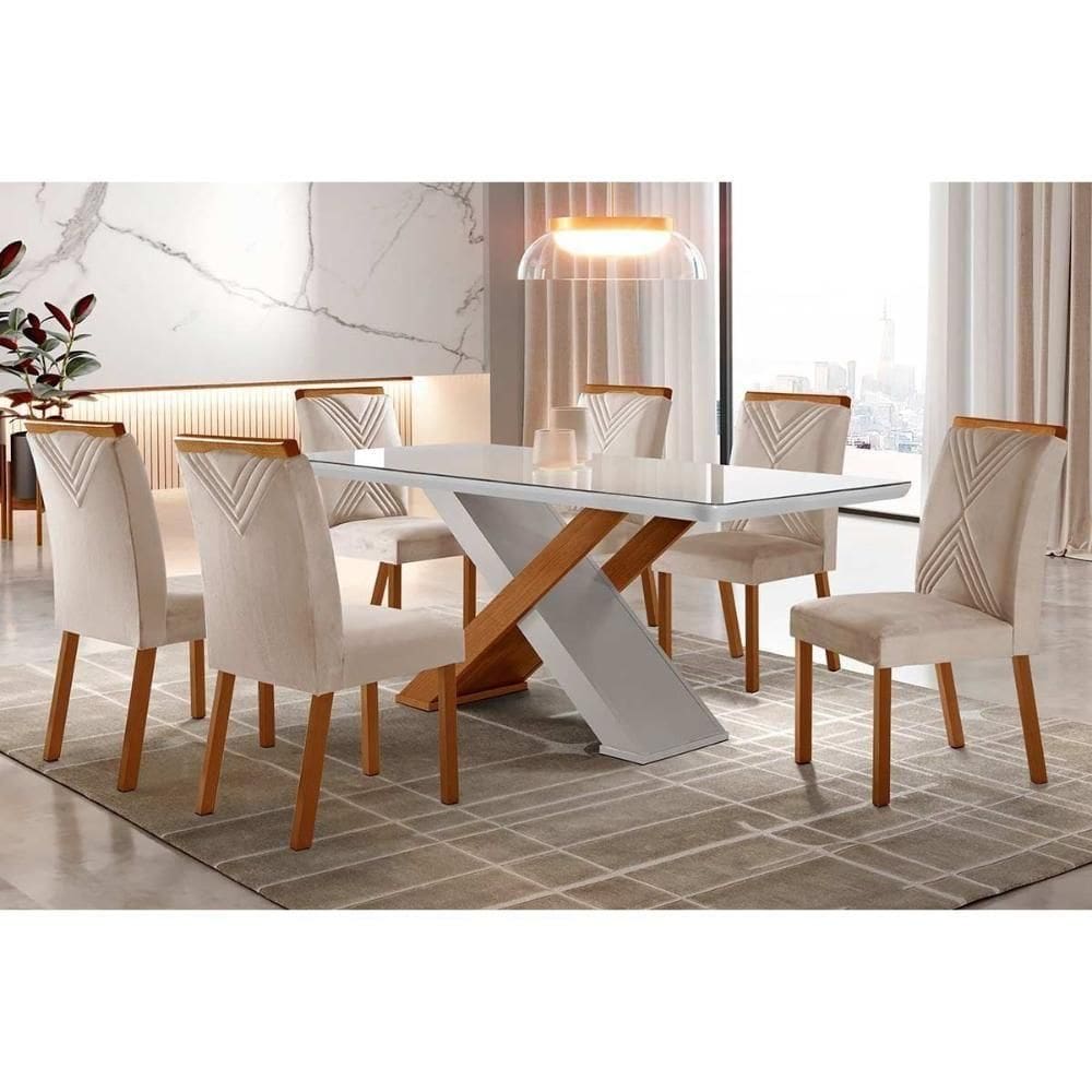 Sala De Jantar Completa Imperatriz Tampo Madeirado C- Vidro Curvo 180x90 E 6 Cadeiras Amsterdã Imbuia-veludo Creme-pérola - Rufato