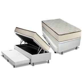 Cama Box Baú C/auxiliar Solteiro: Colchão Molas Luckspuma Bonnel Montreal Spring + Base Courano Branco(88x188)