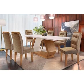 Sala De Jantar Completa Alvorada C- Tampo Madeirado Canto Reto 180x90cm E 6 Cadeiras Imperatriz Imbuia-off White - Suede Capuccino - Rufato