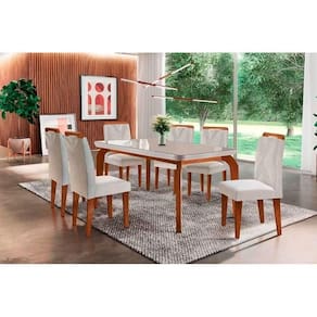 Sala De Jantar Completa Londrina Tampo Madeirado C- Vidro Curvo 180x90 E 6 Cadeiras Amsterdã Imbuia - Veludo Creme - Rufato