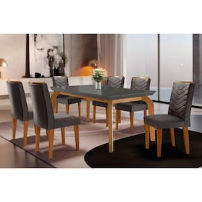 Sala De Jantar Completa Londrina Tampo Madeirado C- Vidro Curvo 180x90 E 6 Cadeiras Londrina Imbuia-veludo Grafite - Rufato